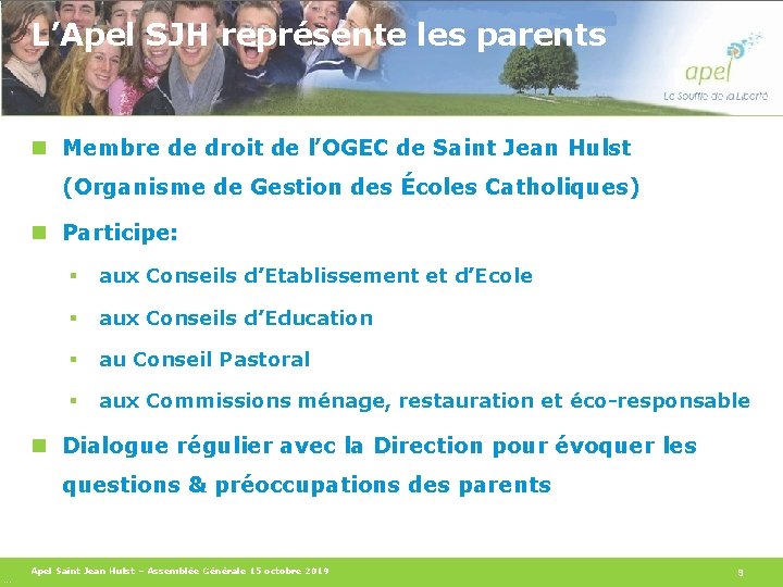 L’Apel SJH représente les parents n Membre de droit de l’OGEC de Saint Jean