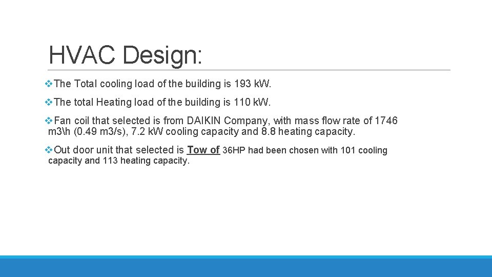 HVAC Design: v. The Total cooling load of the building is 193 k. W.