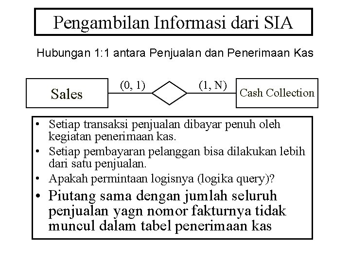 Pengambilan Informasi dari SIA Hubungan 1: 1 antara Penjualan dan Penerimaan Kas Sales (0,