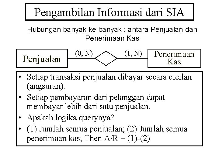 Pengambilan Informasi dari SIA Hubungan banyak ke banyak : antara Penjualan dan Penerimaan Kas