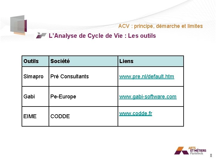 ACV : principe, démarche et limites L’Analyse de Cycle de Vie : Les outils