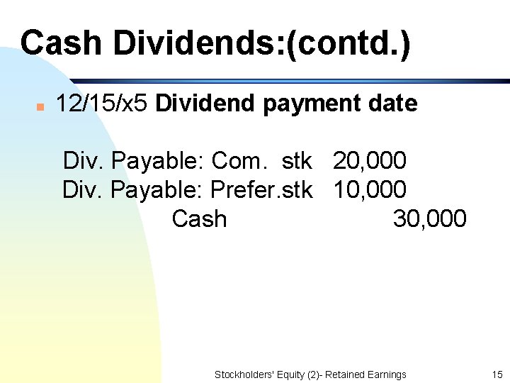 Cash Dividends: (contd. ) n 12/15/x 5 Dividend payment date Div. Payable: Com. stk