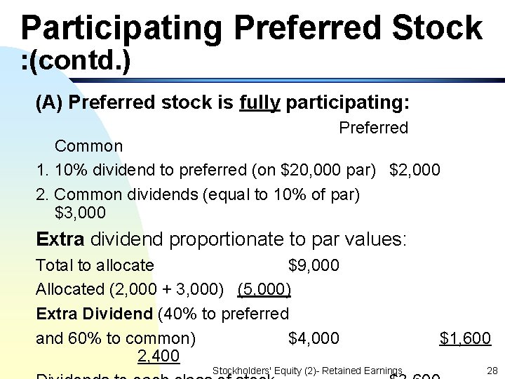 Participating Preferred Stock : (contd. ) (A) Preferred stock is fully participating: Preferred Common
