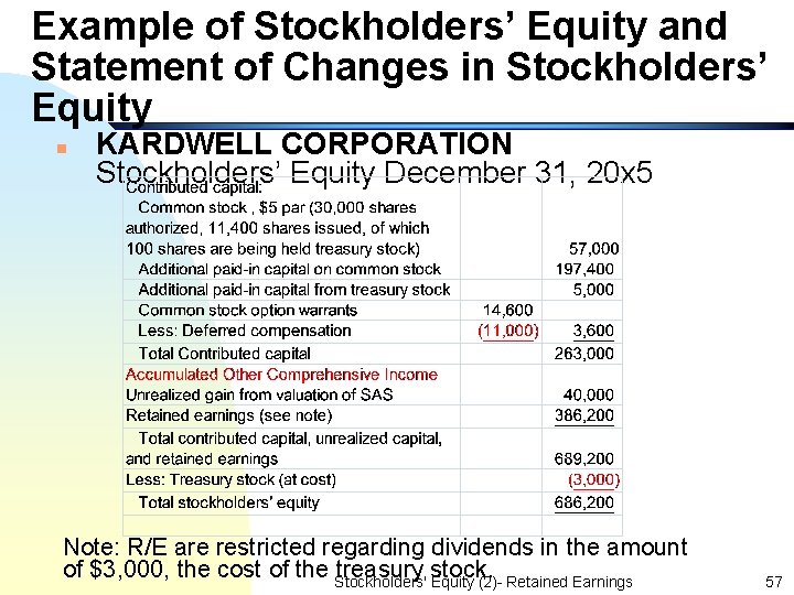 Example of Stockholders’ Equity and Statement of Changes in Stockholders’ Equity n KARDWELL CORPORATION