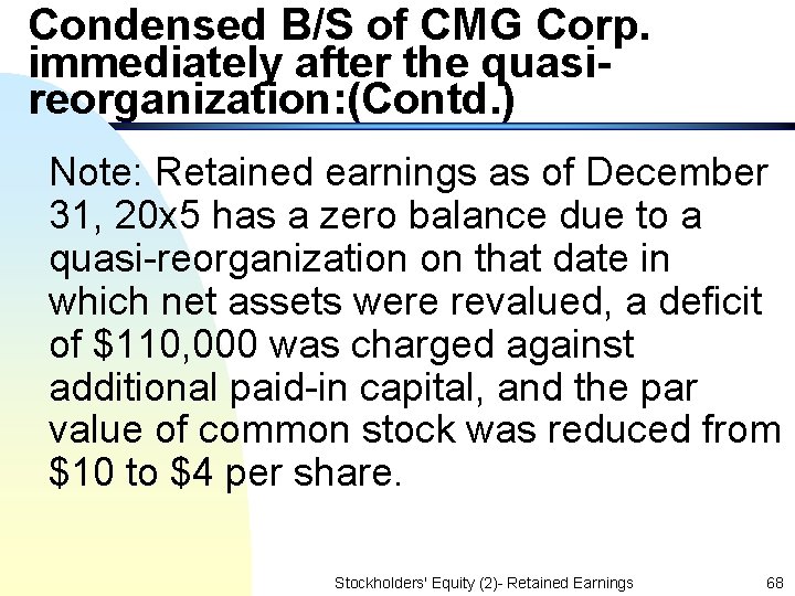 Condensed B/S of CMG Corp. immediately after the quasireorganization: (Contd. ) Note: Retained earnings