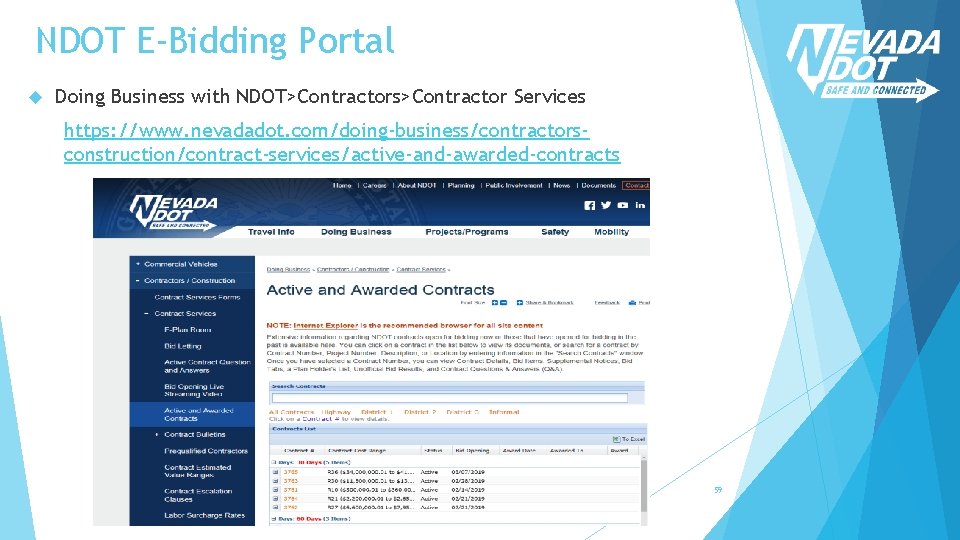 NDOT E-Bidding Portal Doing Business with NDOT>Contractors>Contractor Services https: //www. nevadadot. com/doing-business/contractorsconstruction/contract-services/active-and-awarded-contracts 59 