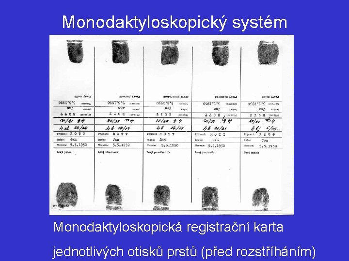 Monodaktyloskopický systém Monodaktyloskopická registrační karta jednotlivých otisků prstů (před rozstříháním) 