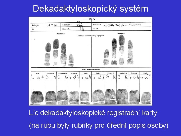 Dekadaktyloskopický systém Líc dekadaktyloskopické registrační karty (na rubu byly rubriky pro úřední popis osoby)