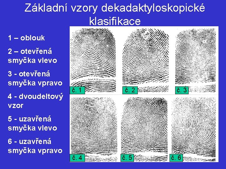 Základní vzory dekadaktyloskopické klasifikace 1 – oblouk 2 – otevřená smyčka vlevo 3 -