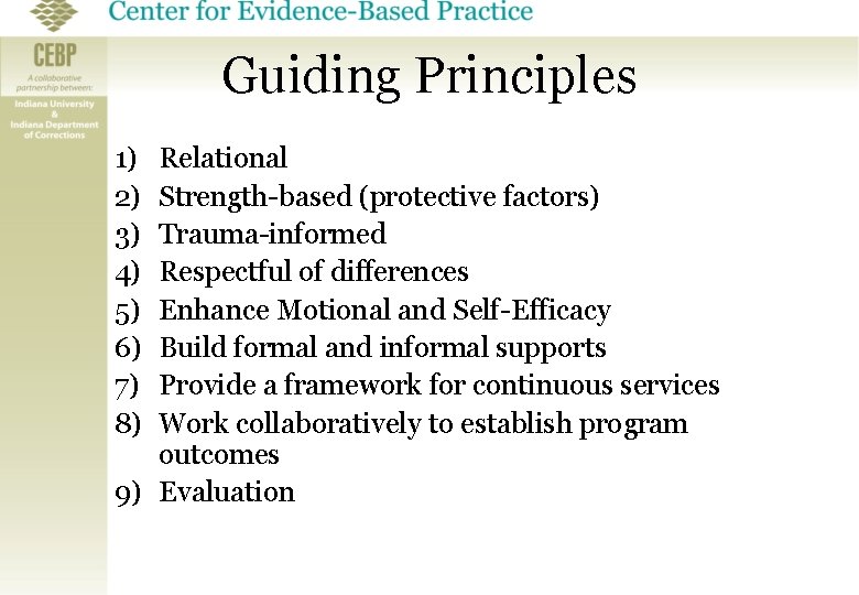 Guiding Principles 1) 2) 3) 4) 5) 6) 7) 8) Relational Strength-based (protective factors)