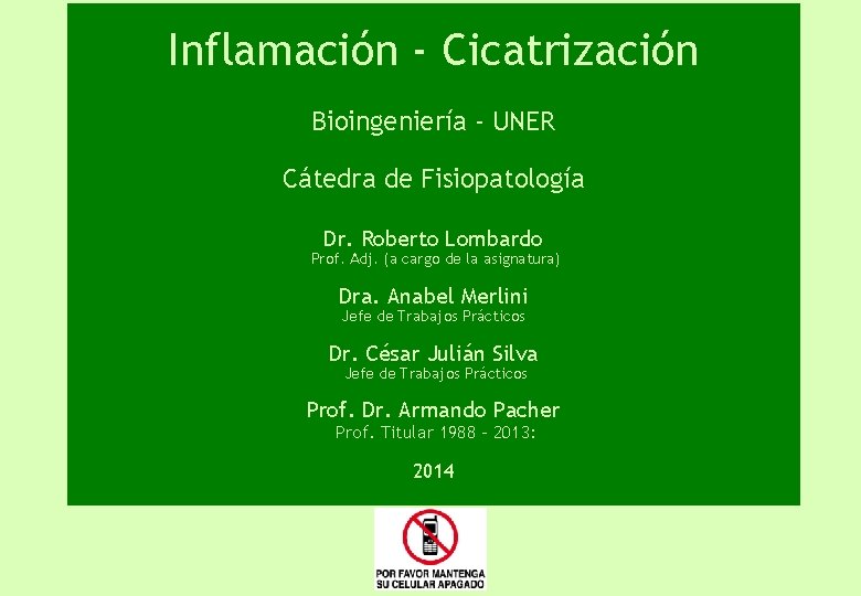 Inflamación - Cicatrización Bioingeniería - UNER Cátedra de Fisiopatología Dr. Roberto Lombardo Prof. Adj.