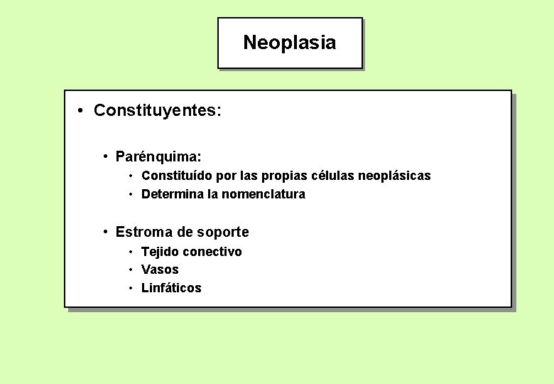 Neoplasia • Constituyentes: • Parénquima: • Constituído por las propias células neoplásicas • Determina