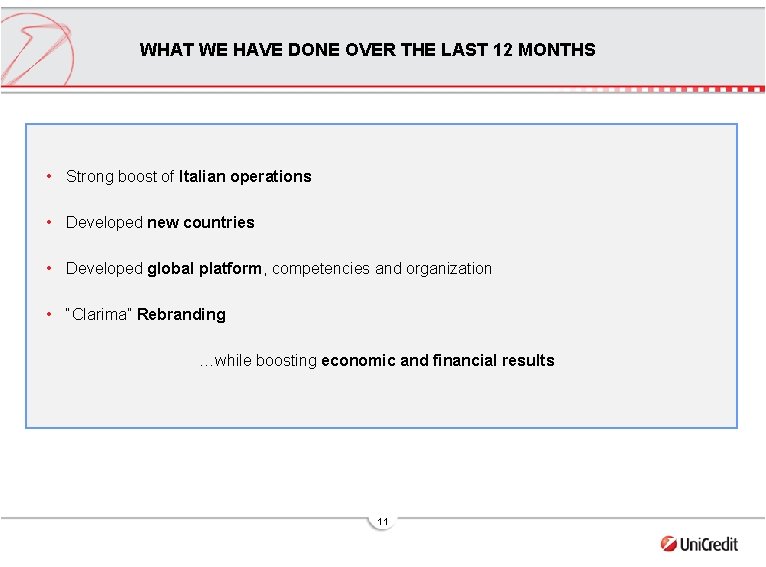 WHAT WE HAVE DONE OVER THE LAST 12 MONTHS • Strong boost of Italian