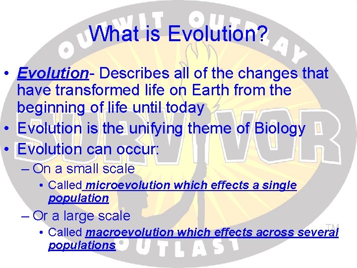 What is Evolution? • Evolution- Describes all of the changes that have transformed life