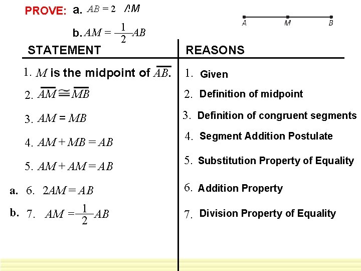 PROVE: a. AB = 2 AM EXAMPLE 3 1 AB b. AM = 2