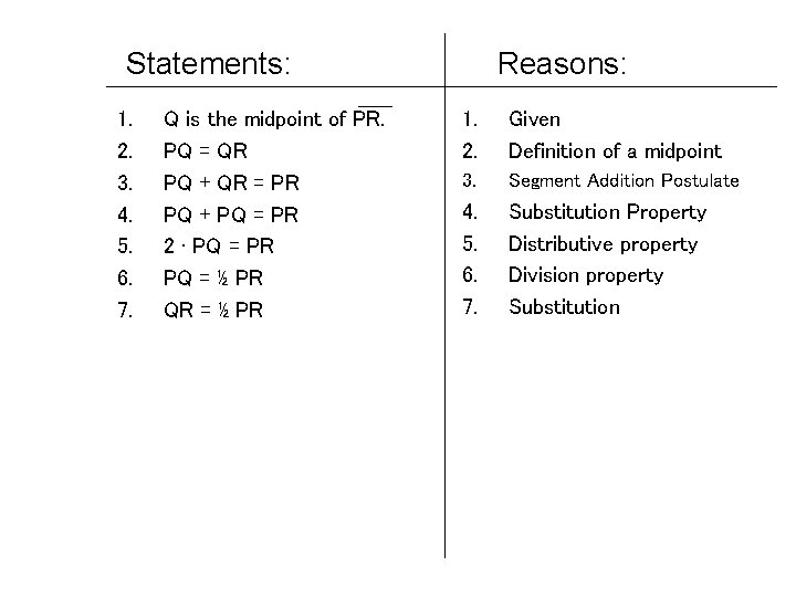 Statements: 1. 2. 3. 4. 5. 6. 7. Q is the midpoint of PR.