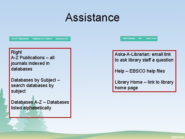 Assistance Right A-Z Publications – all journals indexed in databases Aska-A-Librarian: email link to