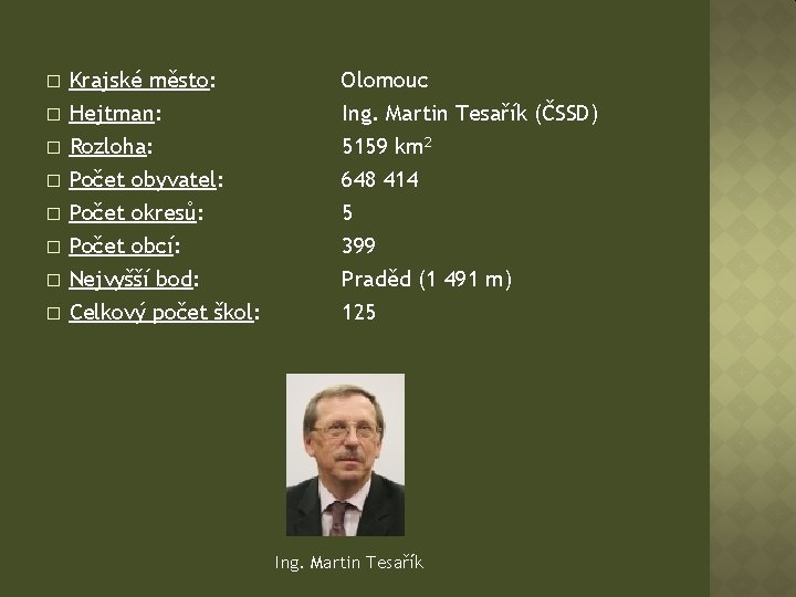 � � � � Krajské město: Hejtman: Olomouc Ing. Martin Tesařík (ČSSD) Rozloha: Počet