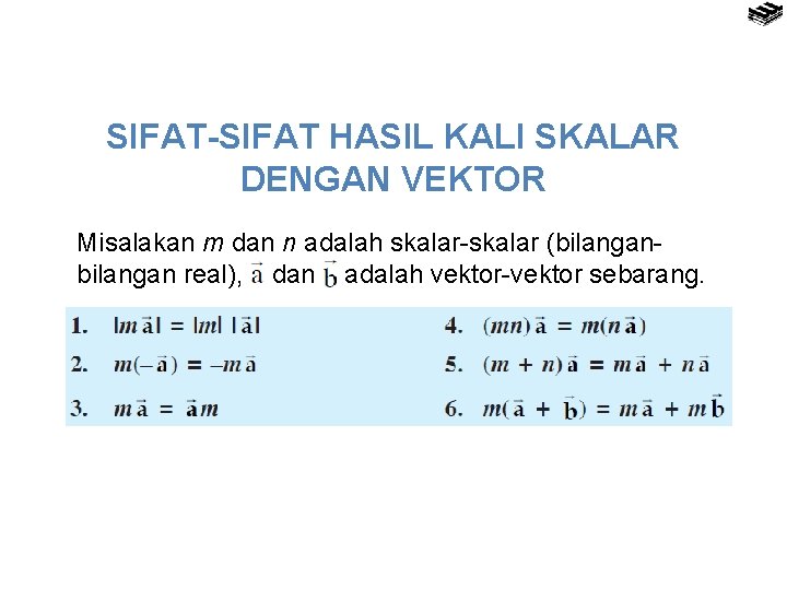 SIFAT-SIFAT HASIL KALI SKALAR DENGAN VEKTOR Misalakan m dan n adalah skalar-skalar (bilangan real),