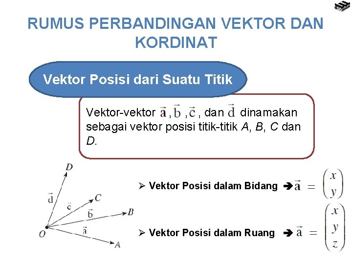 RUMUS PERBANDINGAN VEKTOR DAN KORDINAT Vektor Posisi dari Suatu Titik Vektor-vektor , , ,