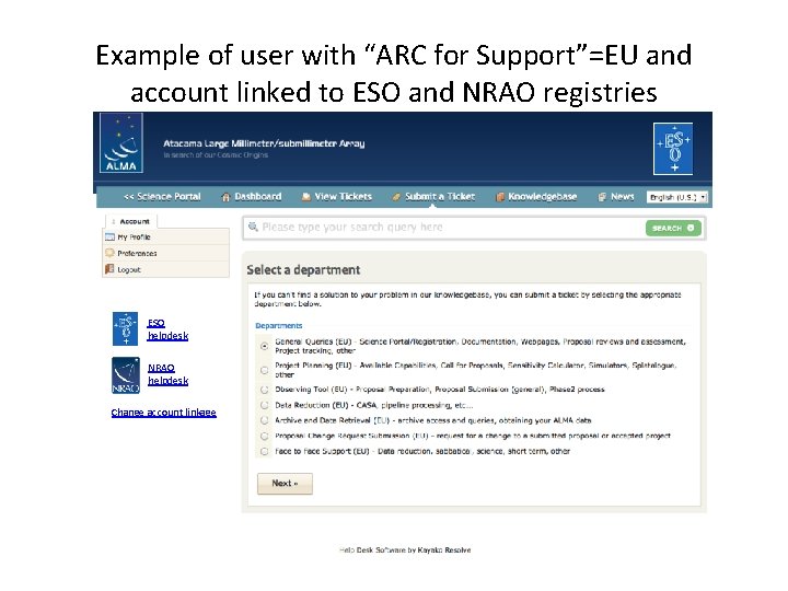 Example of user with “ARC for Support”=EU and account linked to ESO and NRAO