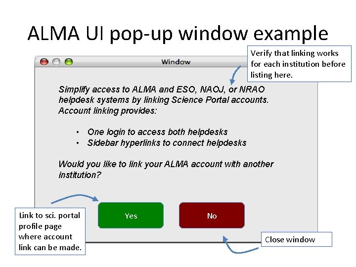 ALMA UI pop-up window example Verify that linking works for each institution before listing