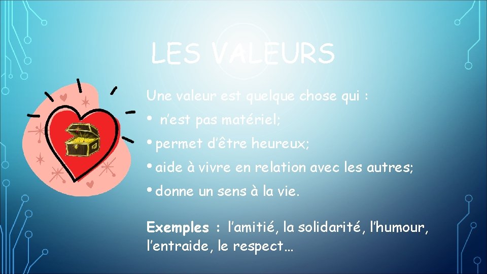 LES VALEURS Une valeur est quelque chose qui : • n’est pas matériel; •