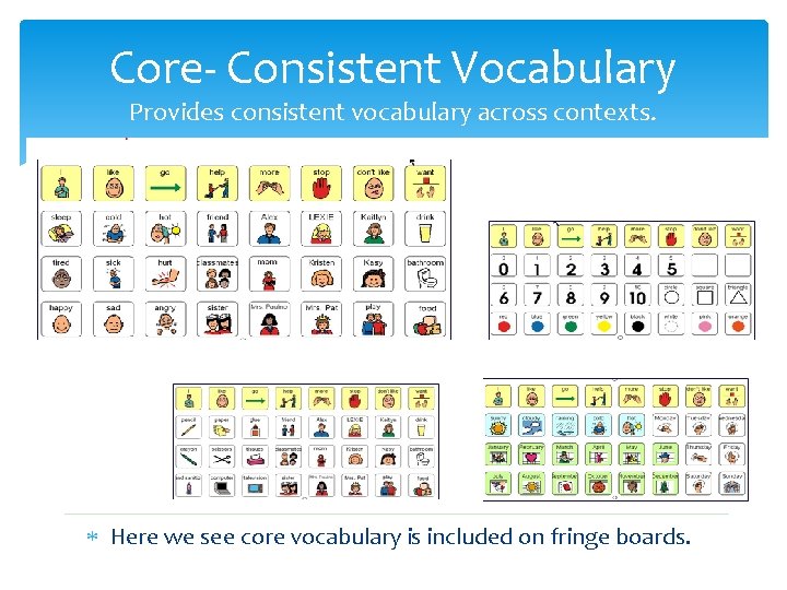 Core- Consistent Vocabulary Provides consistent vocabulary across contexts. Here we see core vocabulary is