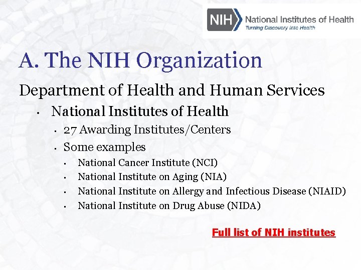 A. The NIH Organization Department of Health and Human Services • National Institutes of