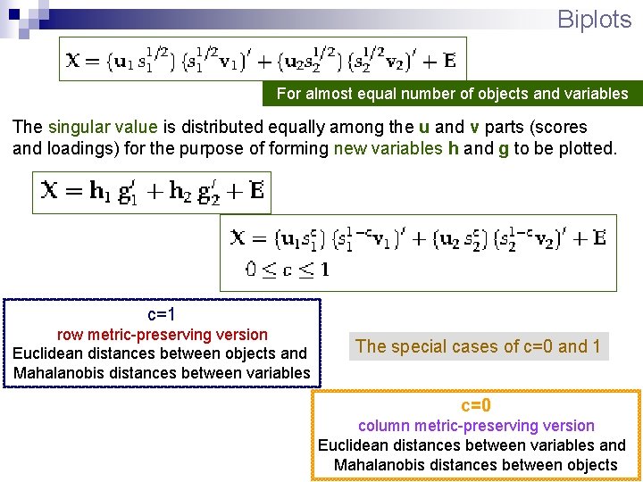 Biplots For almost equal number of objects and variables The singular value is distributed