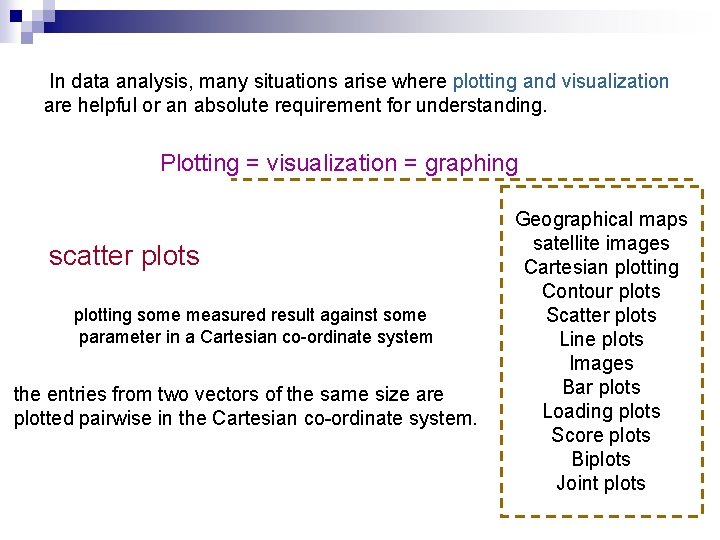 In data analysis, many situations arise where plotting and visualization are helpful or an