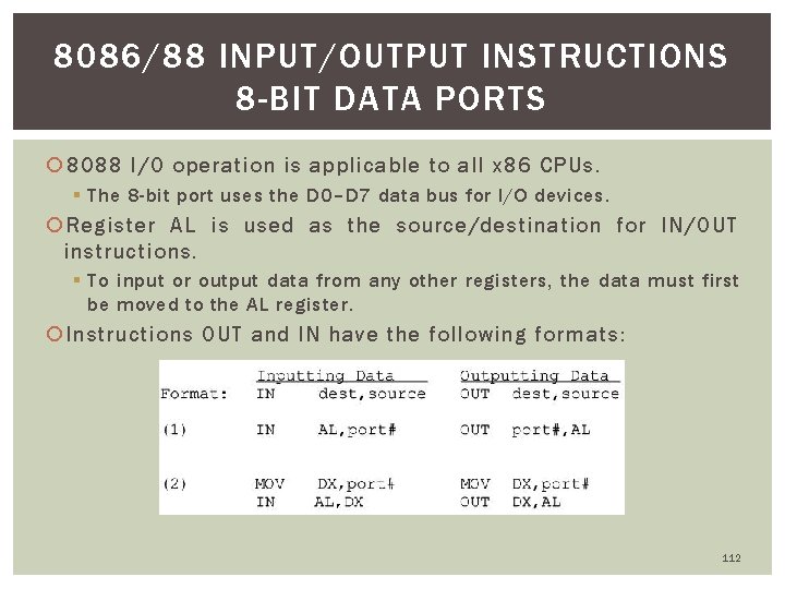 8086/88 INPUT/OUTPUT INSTRUCTIONS 8 -BIT DATA PORTS 8088 I/O operation is applicable to all