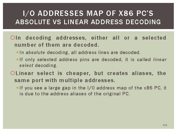 I/O ADDRESSES MAP OF X 86 PC’S ABSOLUTE VS LINEAR ADDRESS DECODING In decoding