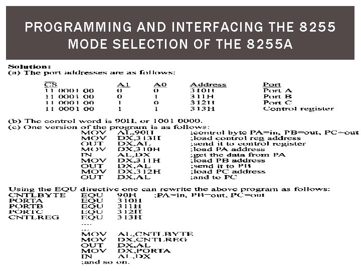 PROGRAMMING AND INTERFACING THE 8255 MODE SELECTION OF THE 8255 A 143 