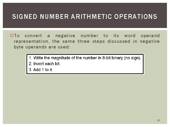 SIGNED NUMBER ARITHMETIC OPERATIONS To convert a negative number to its word operand representation,