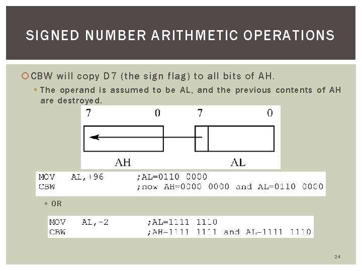 SIGNED NUMBER ARITHMETIC OPERATIONS CBW will copy D 7 (the sign flag) to all