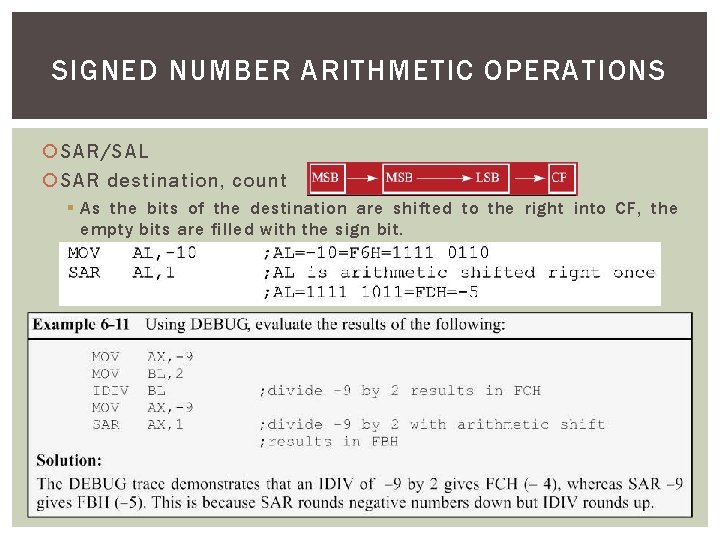 SIGNED NUMBER ARITHMETIC OPERATIONS SAR/SAL SAR destination, count § As the bits of the