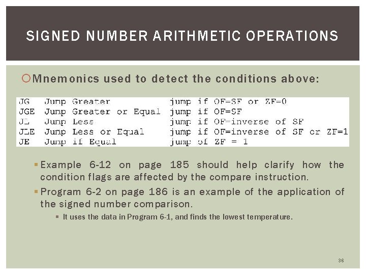 SIGNED NUMBER ARITHMETIC OPERATIONS Mnemonics used to detect the conditions above: § Example 6