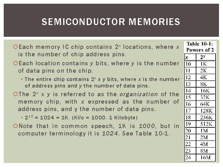 SEMICONDUCTOR MEMORIES Each memory IC chip contains 2 x locations, where x is the