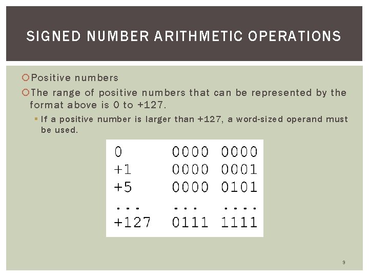 SIGNED NUMBER ARITHMETIC OPERATIONS Positive numbers The range of positive numbers that can be