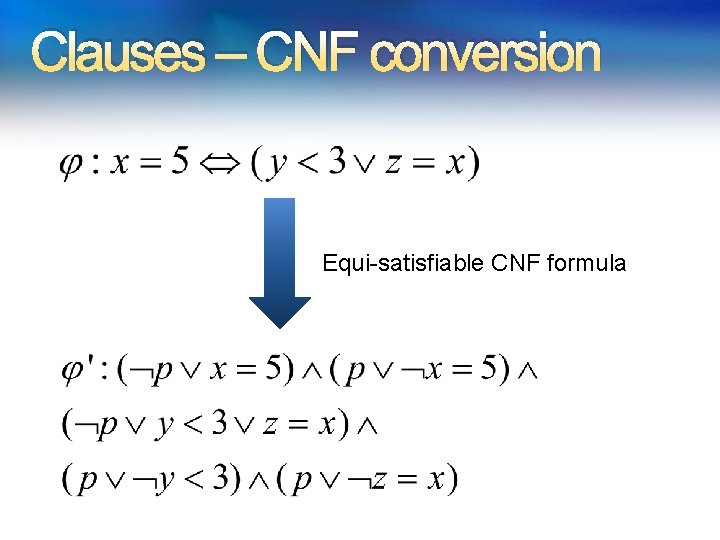 Clauses – CNF conversion Equi-satisfiable CNF formula 