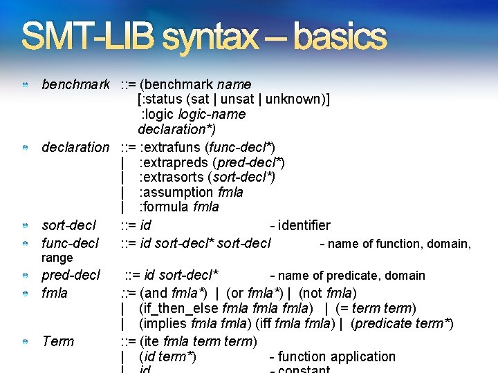 SMT-LIB syntax – basics benchmark : : = (benchmark name [: status (sat |