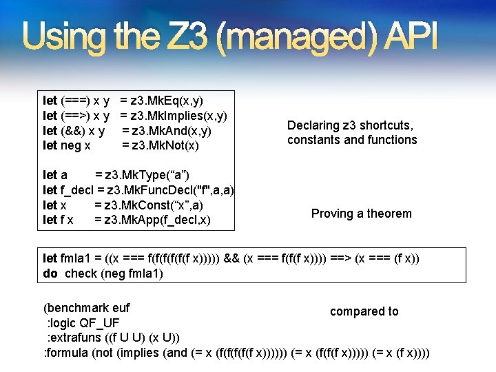 Using the Z 3 (managed) API let (===) x y let (==>) x y