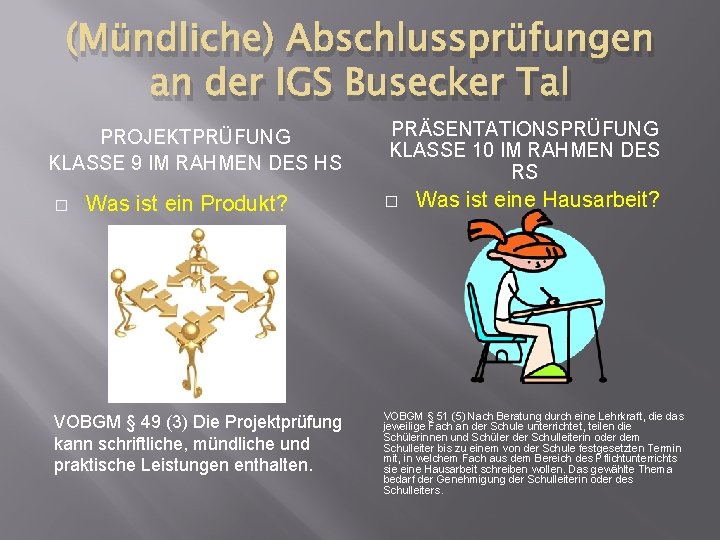 (Mündliche) Abschlussprüfungen an der IGS Busecker Tal PROJEKTPRÜFUNG KLASSE 9 IM RAHMEN DES HS