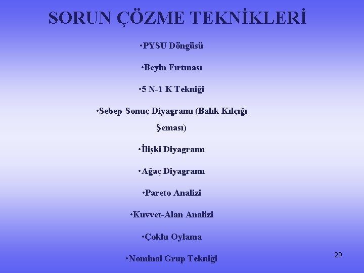 SORUN ÇÖZME TEKNİKLERİ • PYSU Döngüsü • Beyin Fırtınası • 5 N-1 K Tekniği