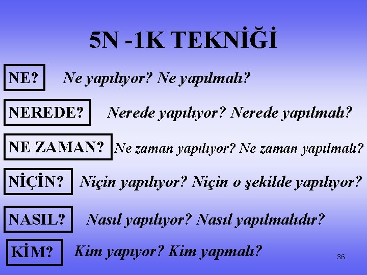 5 N -1 K TEKNİĞİ NE? Ne yapılıyor? Ne yapılmalı? NEREDE? Nerede yapılıyor? Nerede