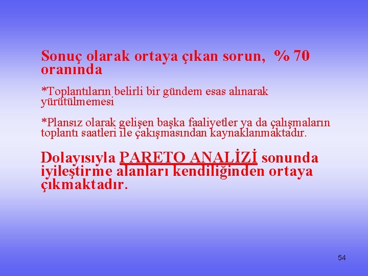 Sonuç olarak ortaya çıkan sorun, % 70 oranında *Toplantıların belirli bir gündem esas alınarak