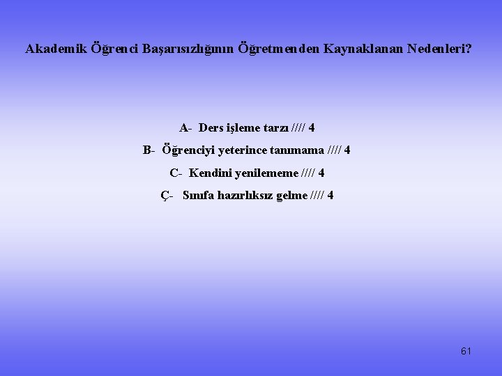 Akademik Öğrenci Başarısızlığının Öğretmenden Kaynaklanan Nedenleri? A- Ders işleme tarzı //// 4 B- Öğrenciyi