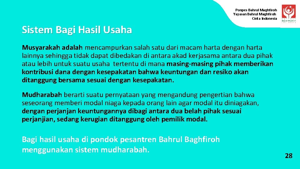 Ponpes Bahrul Maghfiroh Yayasan Bahrul Maghfiroh Cinta Indonesia Sistem Bagi Hasil Usaha Musyarakah adalah