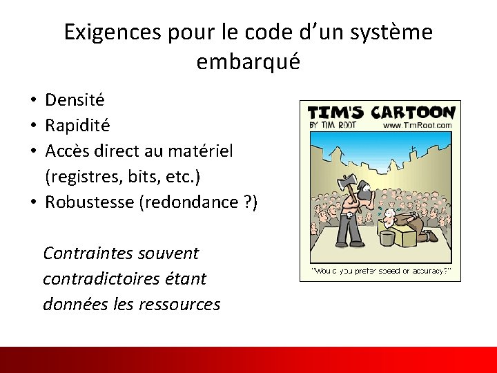 Exigences pour le code d’un système embarqué • Densité • Rapidité • Accès direct